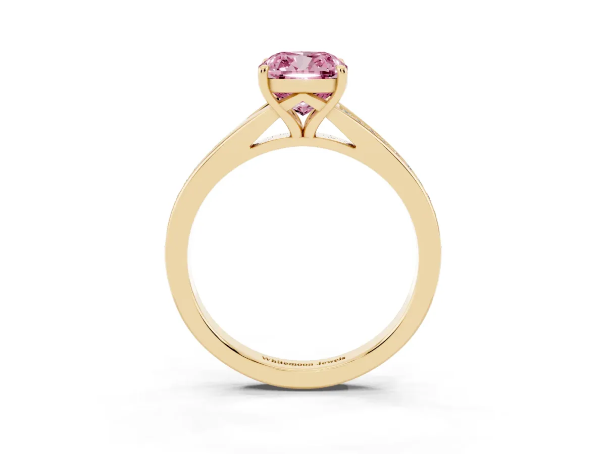Fancy Pink Cushion Cut Diamond Solitaire Ring with Pavé Band and Prong Setting Yellow gold