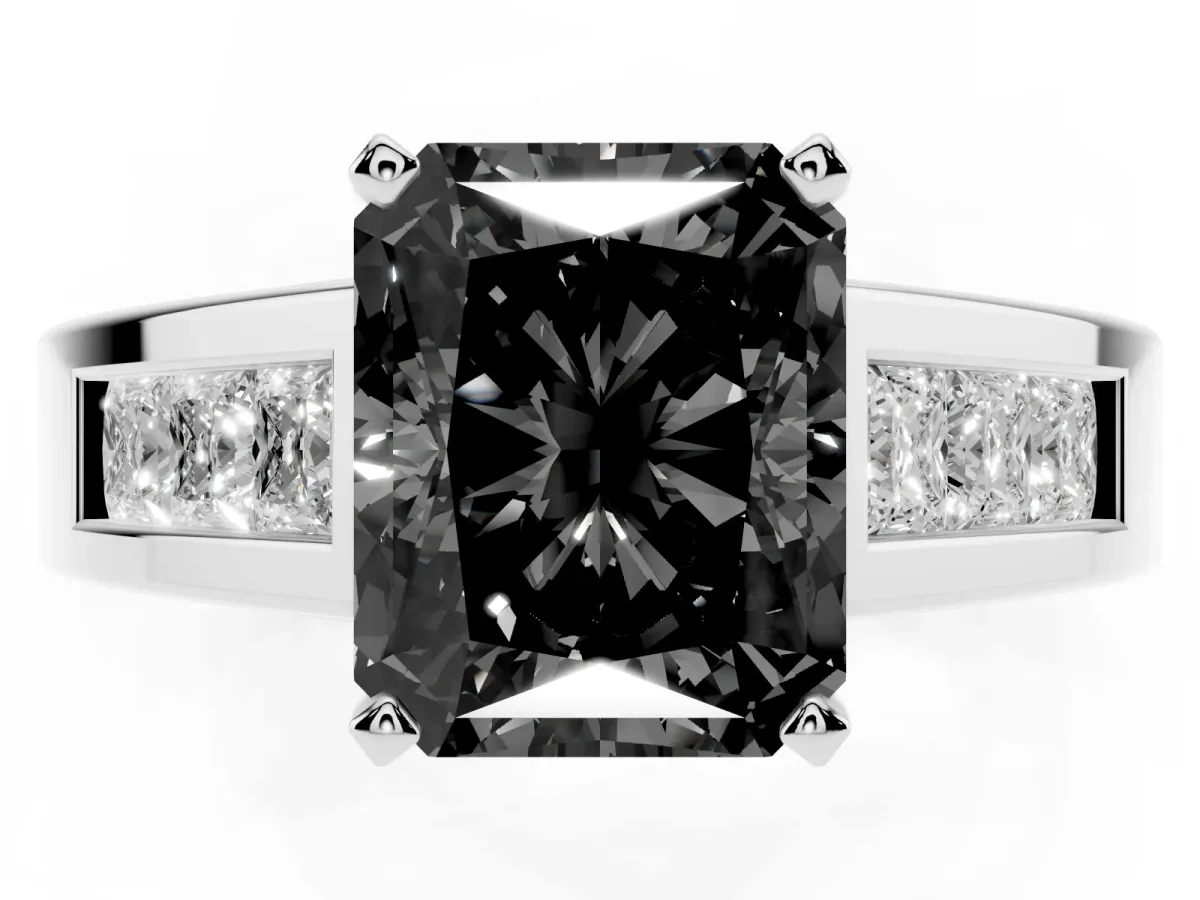 Fancy Black Radiant Cut Cut Channel Set Solitaire Ring with Four-Prong Setting Silver