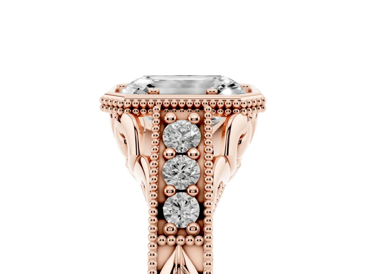 Bezel Set Emerald Cut Diamond Milgrain Pave Engagement Ring Rose gold