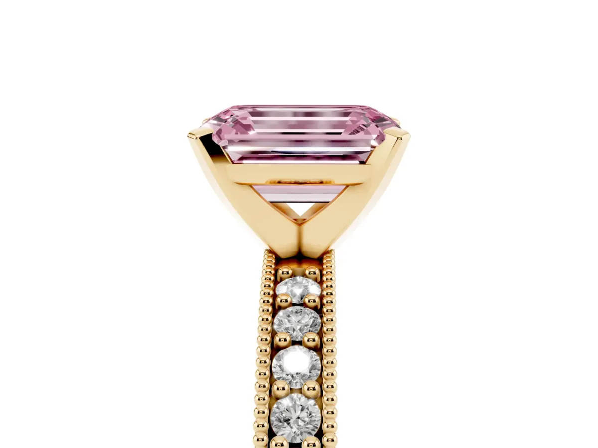 Fancy Pink Emerald Cut Diamond Milgrain Pavé Engagement Ring with Four-Prong Setting Yellow gold
