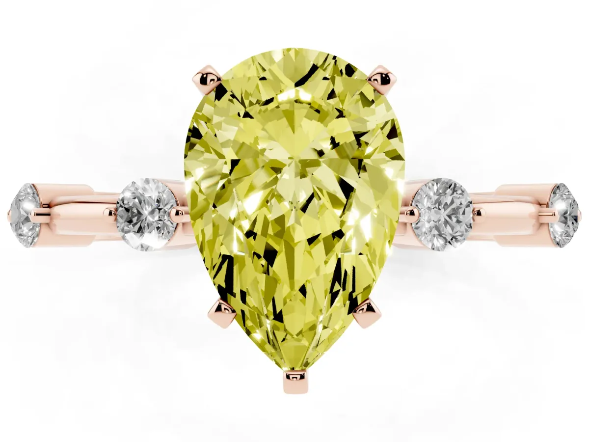Fancy Yellow Pear Cut Solitaire Diamond Ring with Bezel Set Side Stones and Prong Setting Rose gold