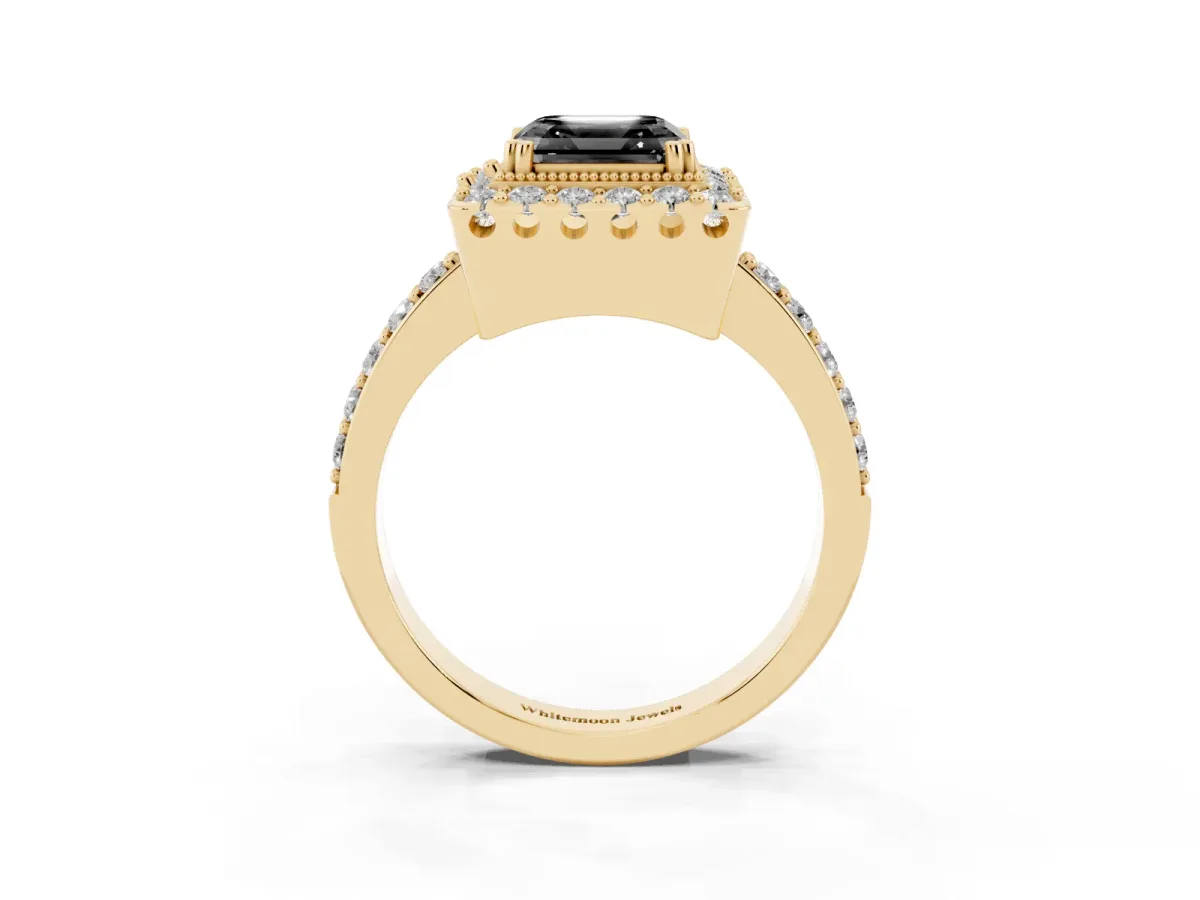 Fancy Black Asscher Cut Diamond Halo Ring with Pavé Band and Prong Setting Yellow gold
