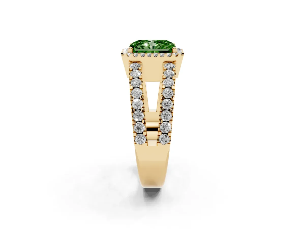 Fancy Green Radiant Cut Cut Halo Split Shank Diamond Ring with Four-Prong Setting Yellow gold
