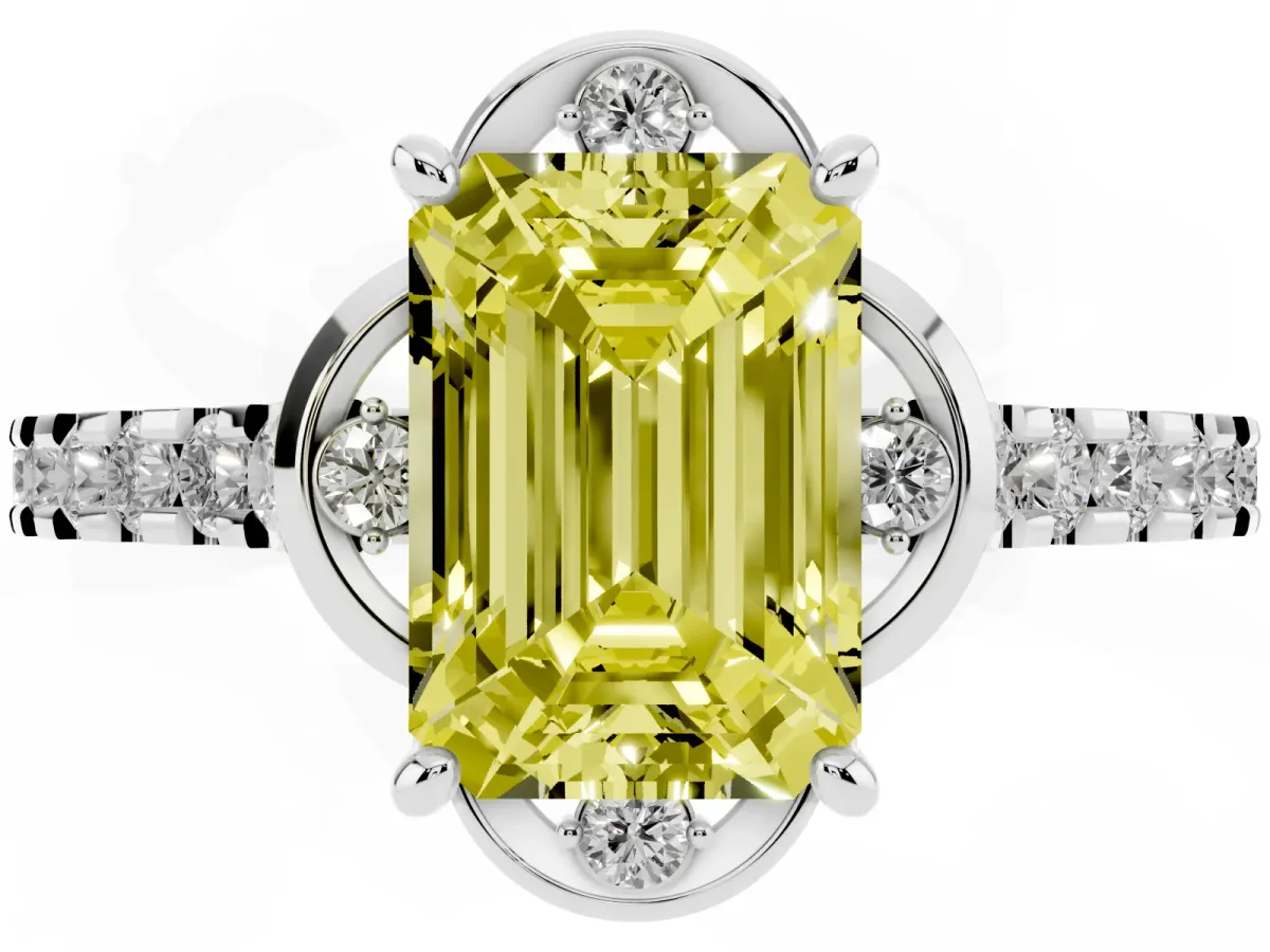 Fancy Yellow Emerald Cut Diamond Ring with Pavé Band and Floral Prong Setting Silver