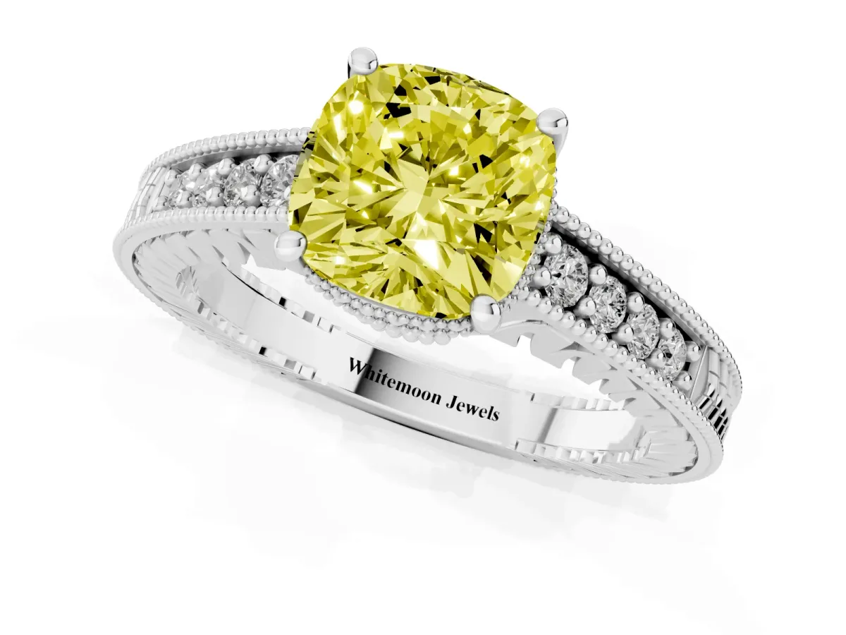 Fancy Yellow Cushion Cut Solitaire Pavé Diamond Milgrain Engagement Ring with Four-Prong Setting Silver