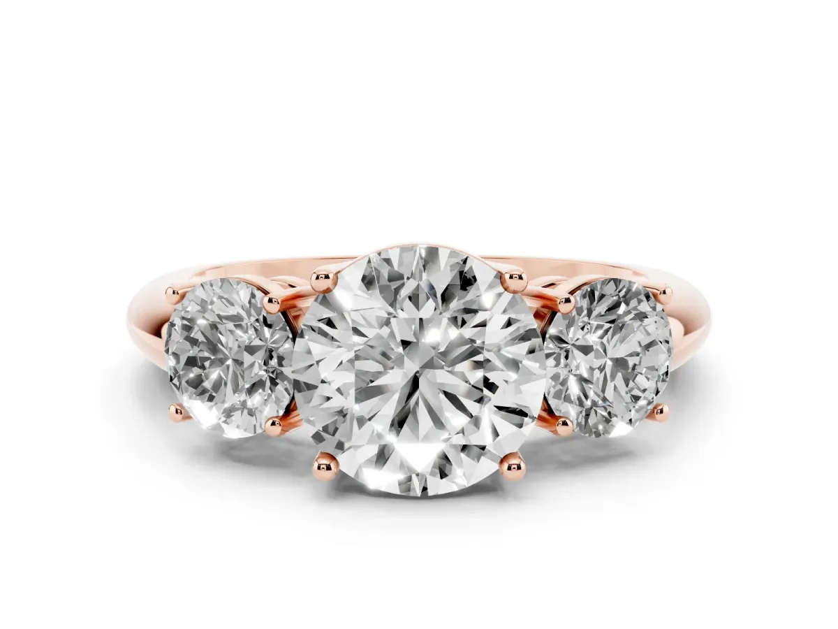 Three-Stone Round Cut Cut Diamond Engagement Ring with Prong Setting on a White Gold Band Rose gold
