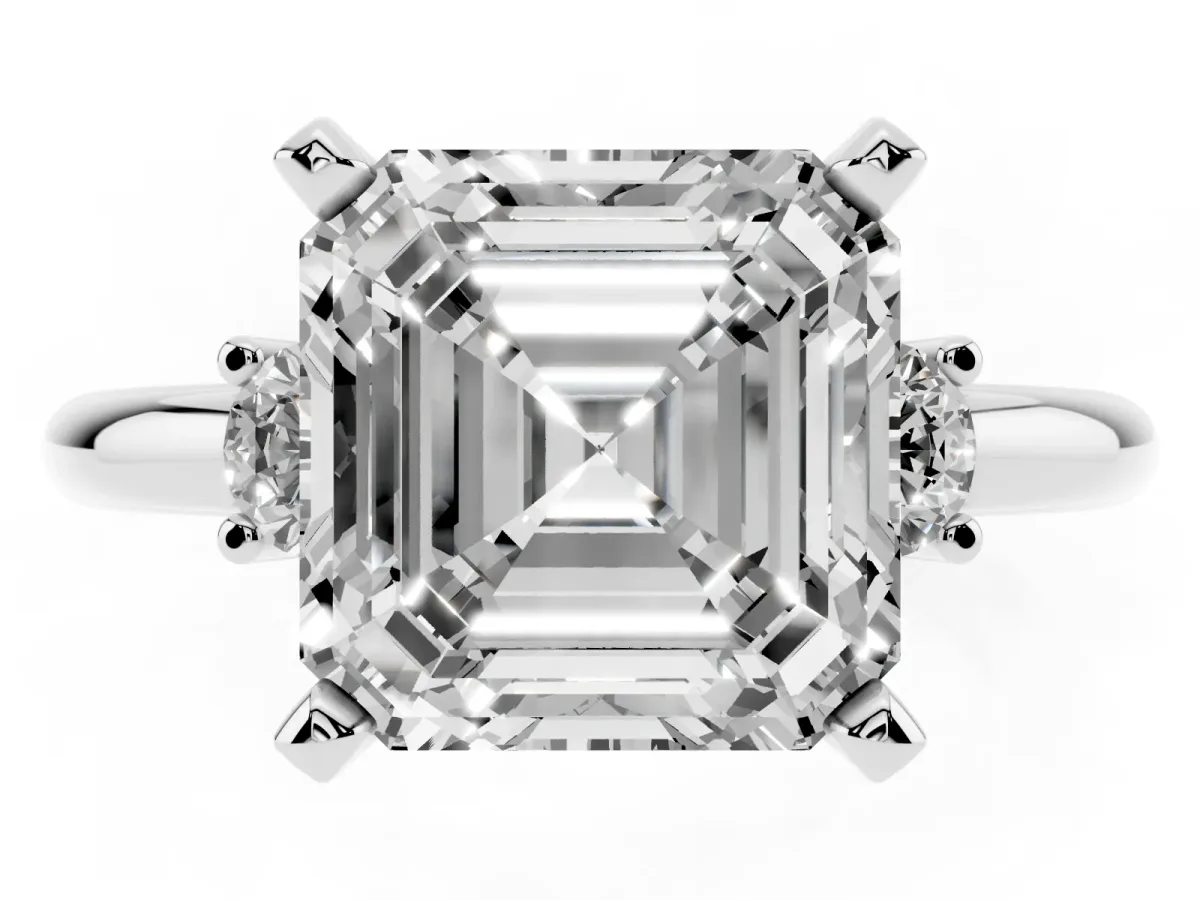 Three-Stone Asscher Cut Cut Diamond Solitaire with Prong Setting and Classic Band Platinum