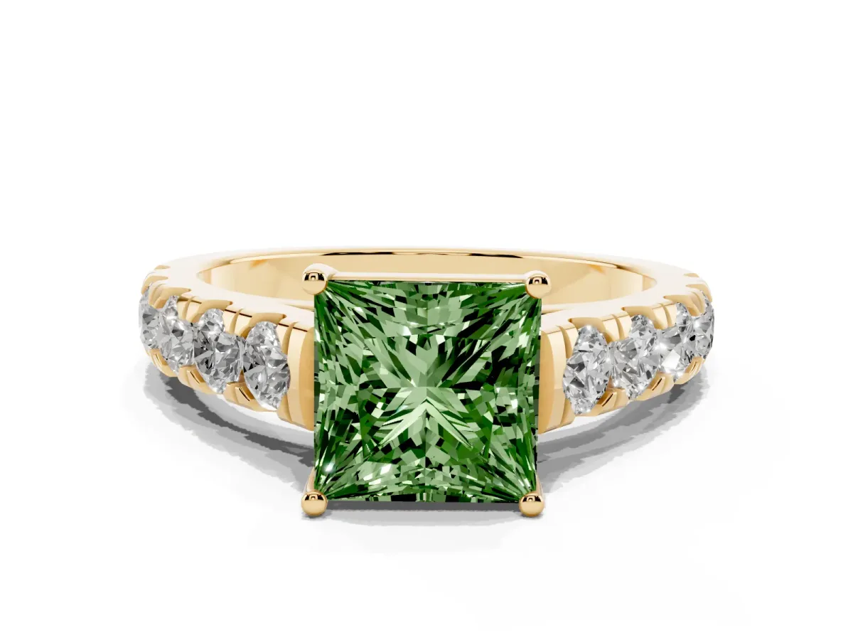 Fancy Green Princess Cut Cut Diamond Solitaire Ring with Micro Pave Band and Prong Setting Yellow gold