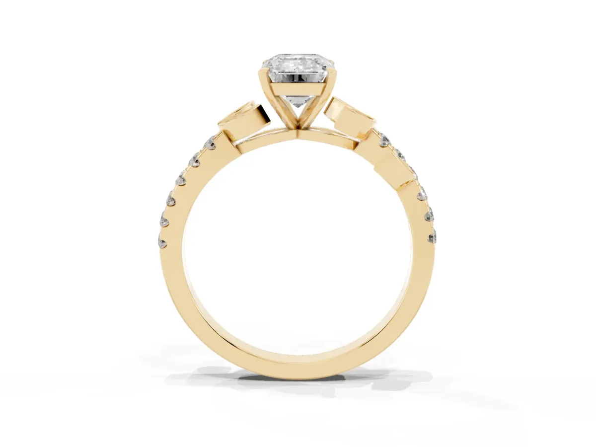Emerald Cut Solitaire Leaf-Inspired Diamond Ring with Pavé Band and Four-Prong Setting Yellow gold