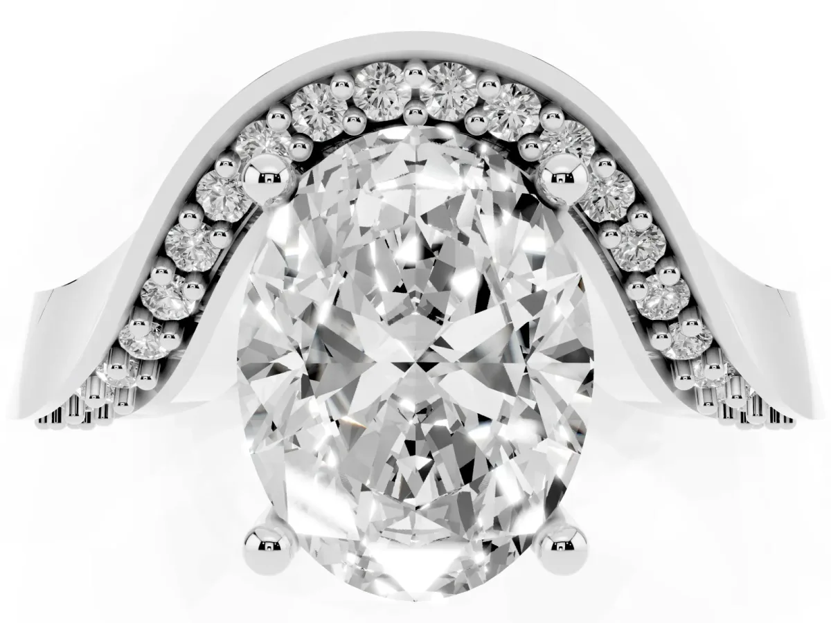 Oval Cut Solitaire Diamond Engagement Ring with Pave Band and Four-Prong Setting Silver