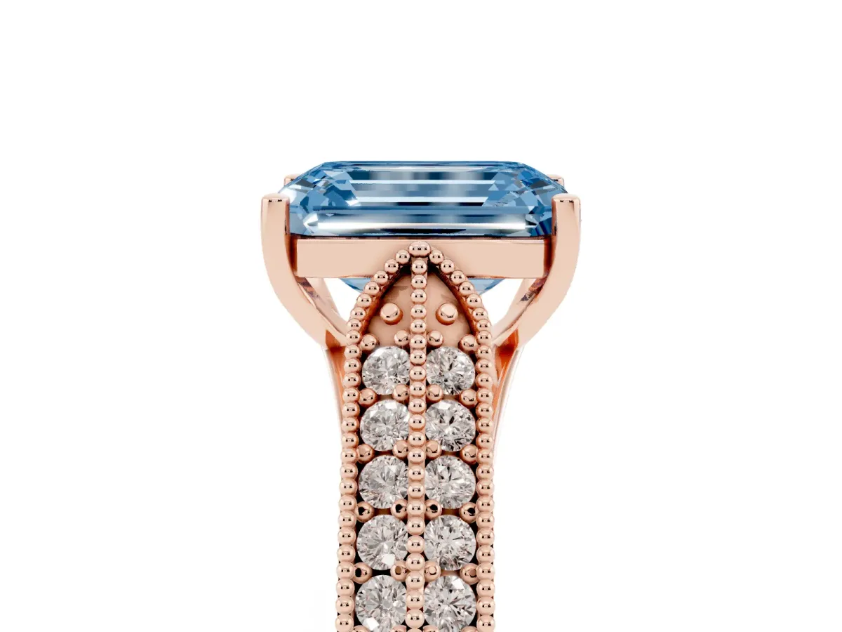 Fancy Blue Emerald Cut Cut Pave Split Shank Engagement Ring with Four-Prong Setting Rose gold