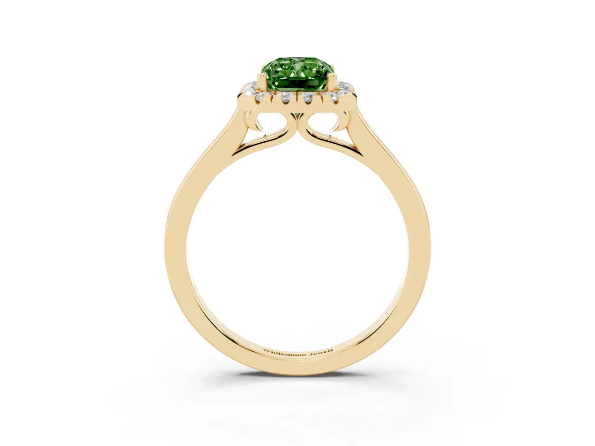 Fancy Green Radiant Cut Halo Round Diamond Solitaire Ring with Pavé Band and Four-Prong Setting Yellow gold