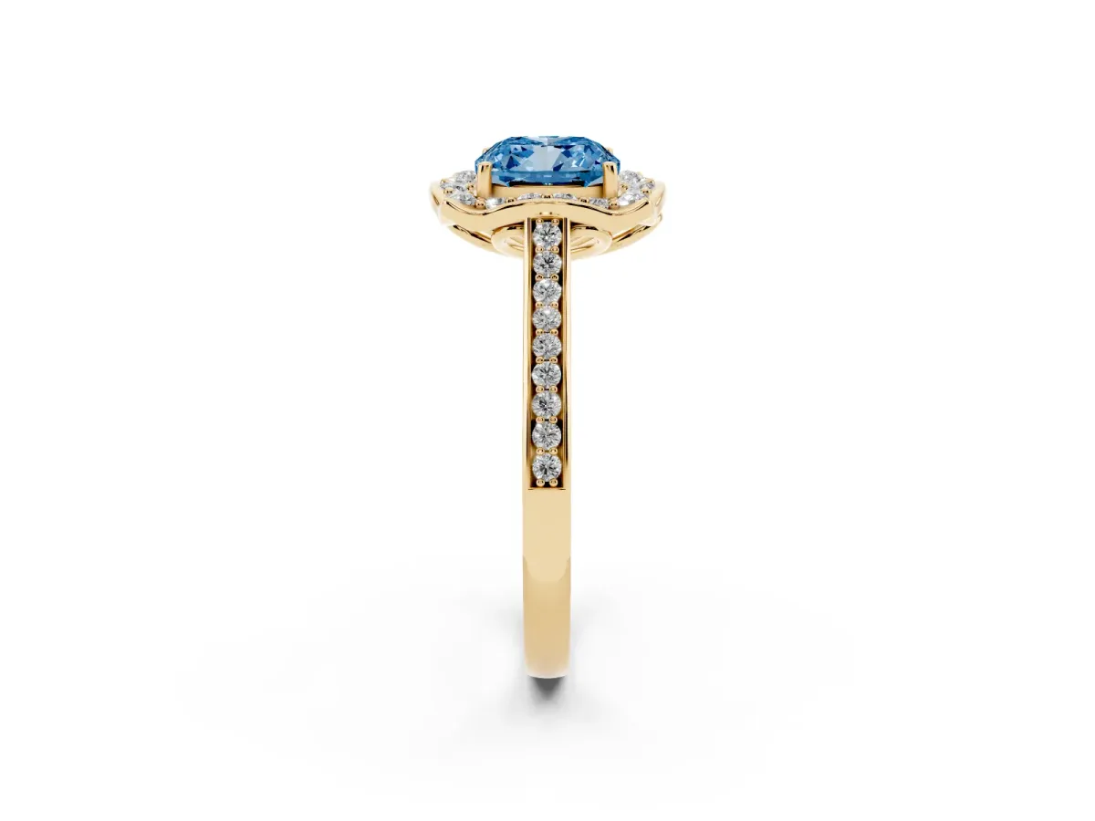 Fancy Blue Cushion Cut Halo Round Diamond Pave Band with Four-Prong Setting Yellow gold
