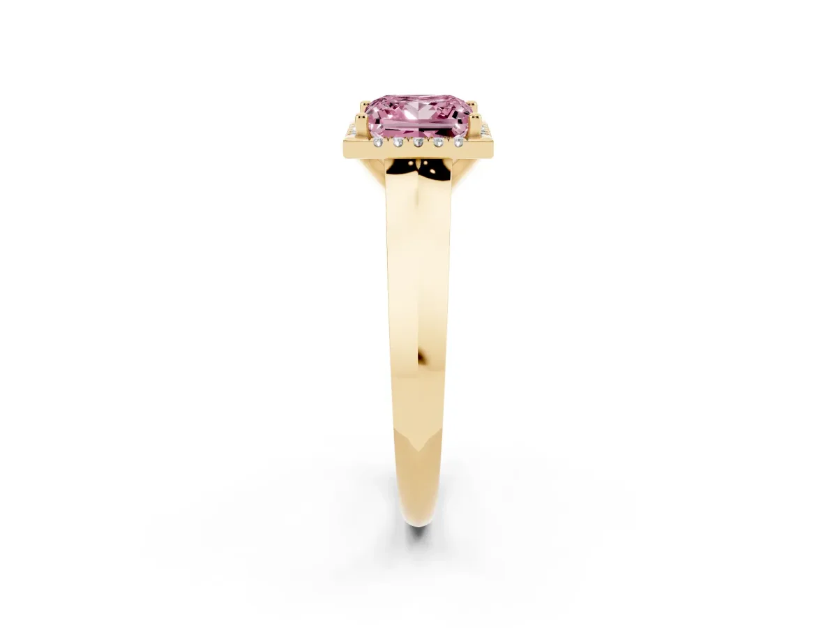 Fancy Pink Princess Cut Halo Diamond Ring with Cathedral Band and Four-Prong Setting Yellow gold