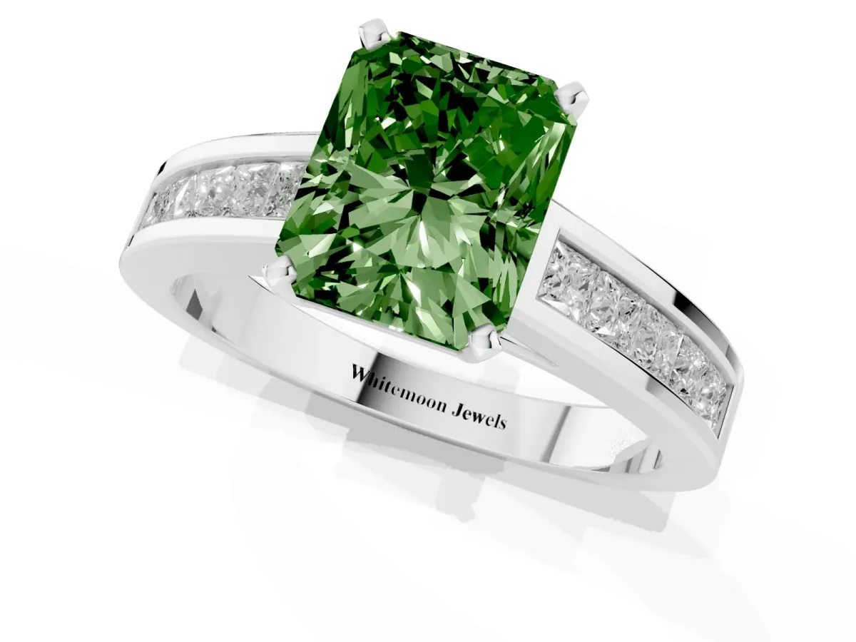 Fancy Green Radiant Cut Solitaire Diamond Ring with Channel-Set Band and Four-Prong Setting Silver