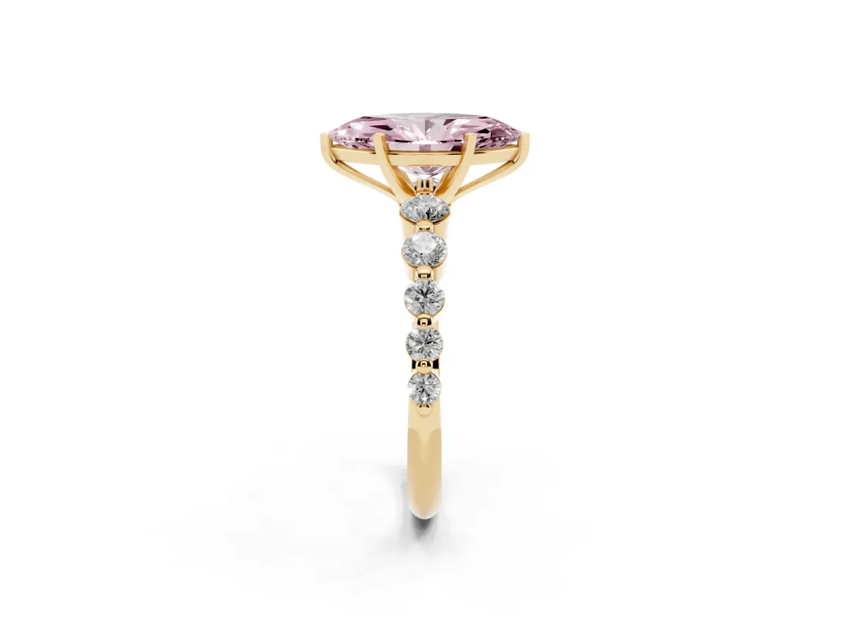 Fancy Pink Marquise Cut Solitaire Diamond Ring with Pave Band and Four-Prong Setting Yellow gold