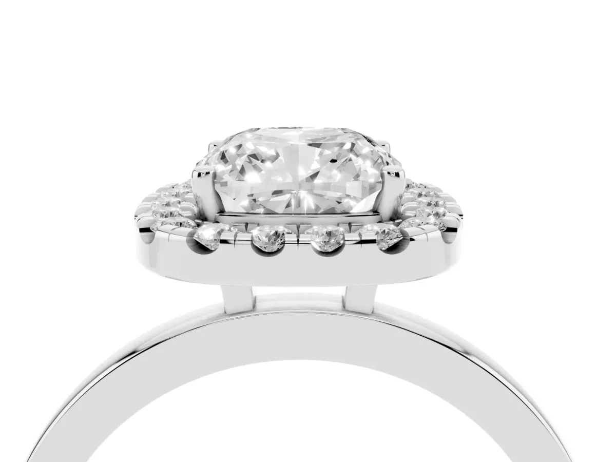 Cushion Cut Halo Diamond Solitaire with Pavé Band and Four-Prong Setting White gold