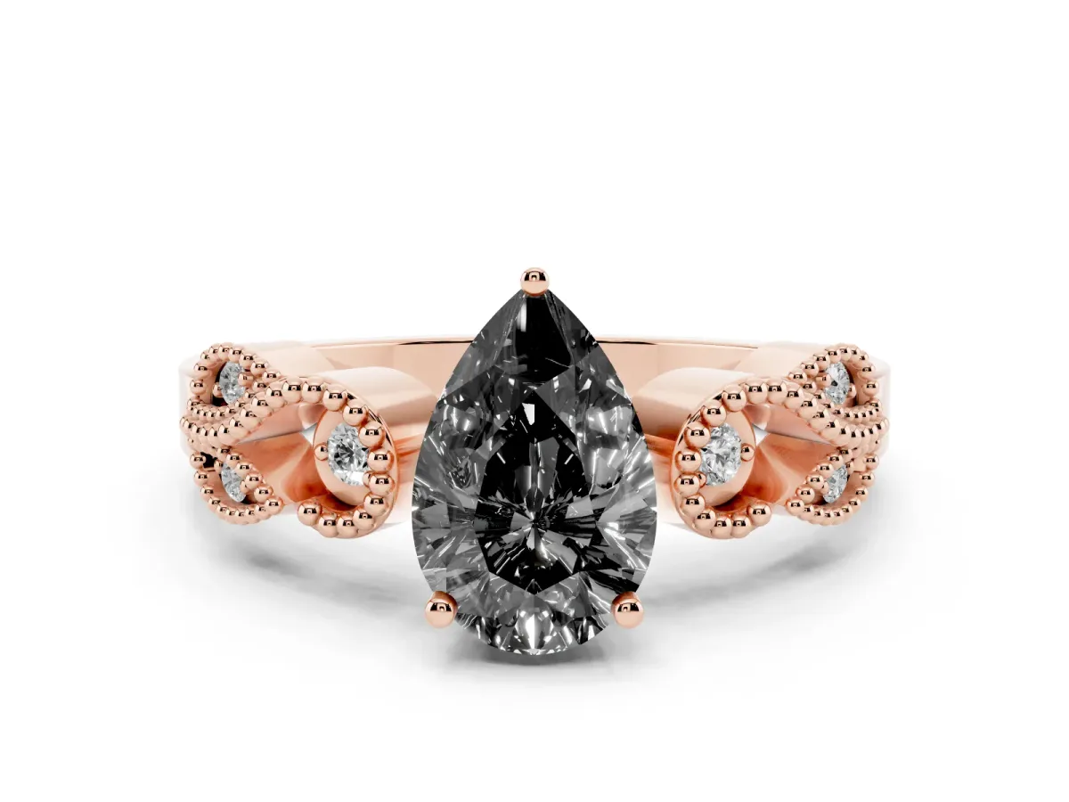 Fancy Black Pear Cut Solitaire Milgrain Leaf Band with Prong Setting Rose gold
