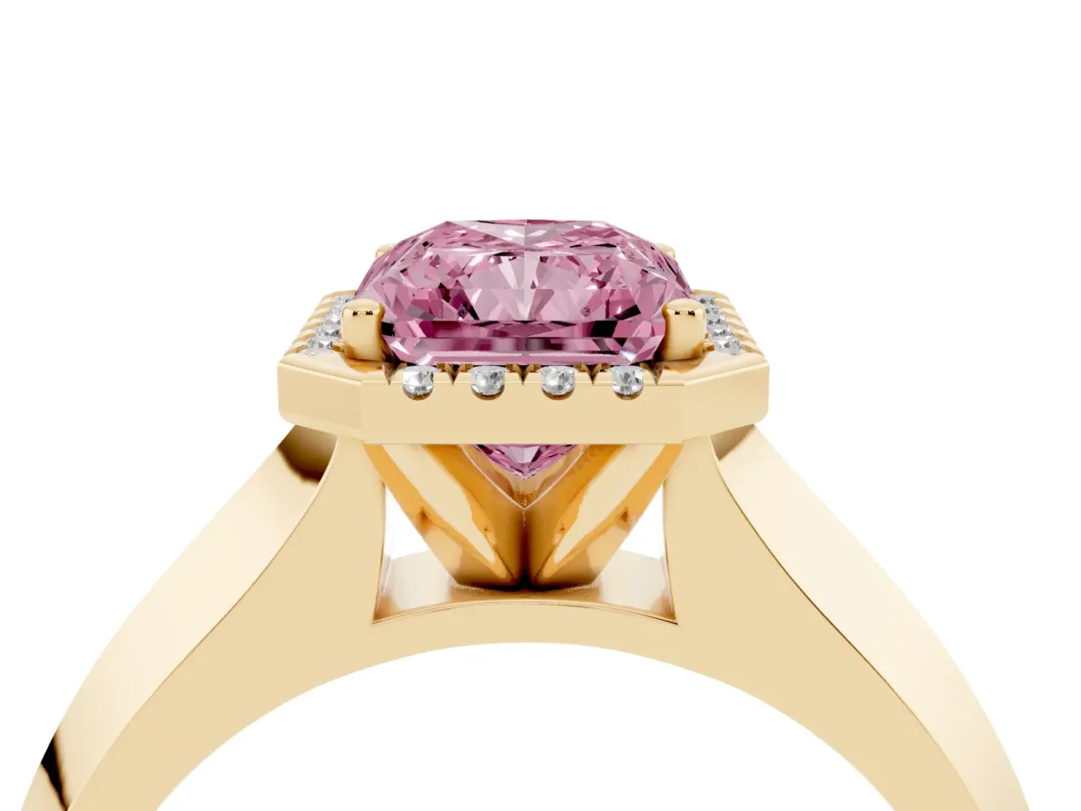 Fancy Pink Radiant Cut Halo Diamond Ring with Cathedral Band and Four-Prong Setting Yellow gold