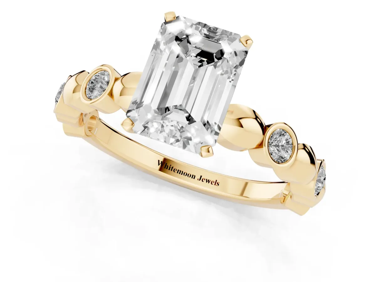 Emerald Cut Solitaire Bezel-Set Diamond Ring with Beaded Band and Four-Prong Setting Yellow gold