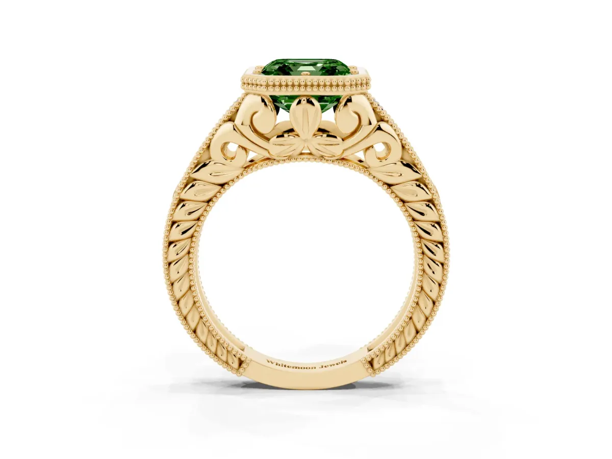 Fancy Green Bezel Set Asscher Cut Diamond Milgrain Pave Engagement Ring Yellow gold
