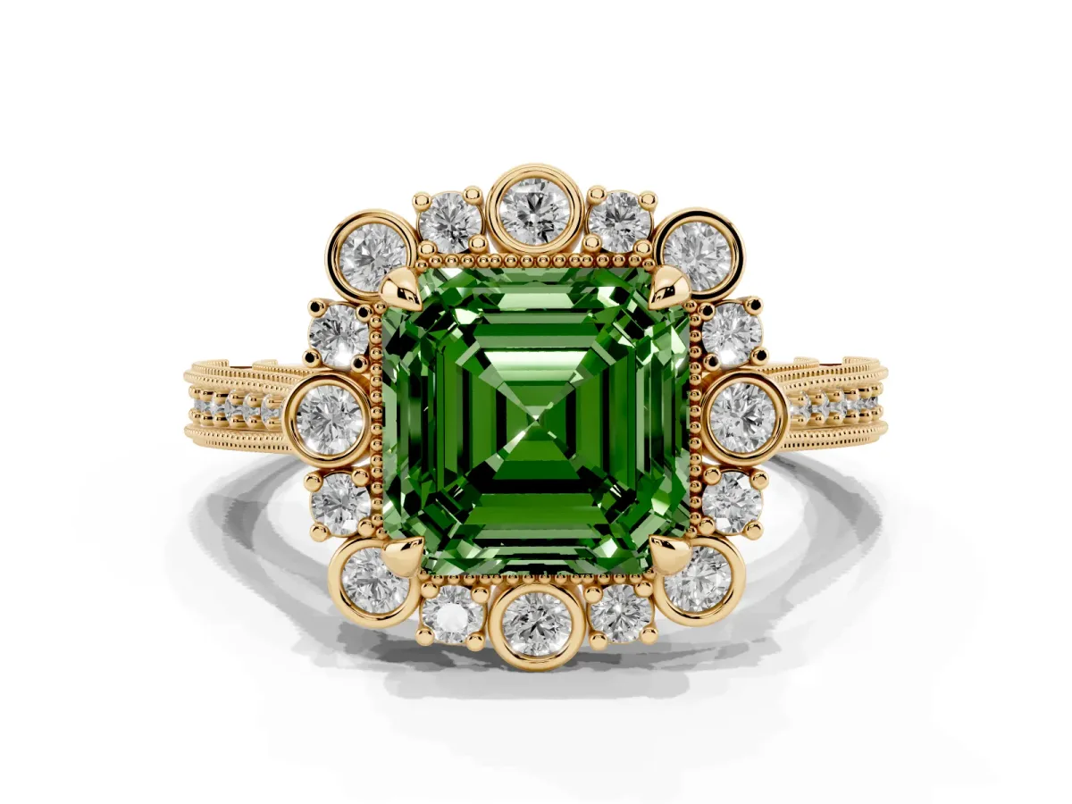 Fancy Green Asscher Cut Halo Milgrain Pave Diamond Ring with Four-Prong Setting Yellow gold
