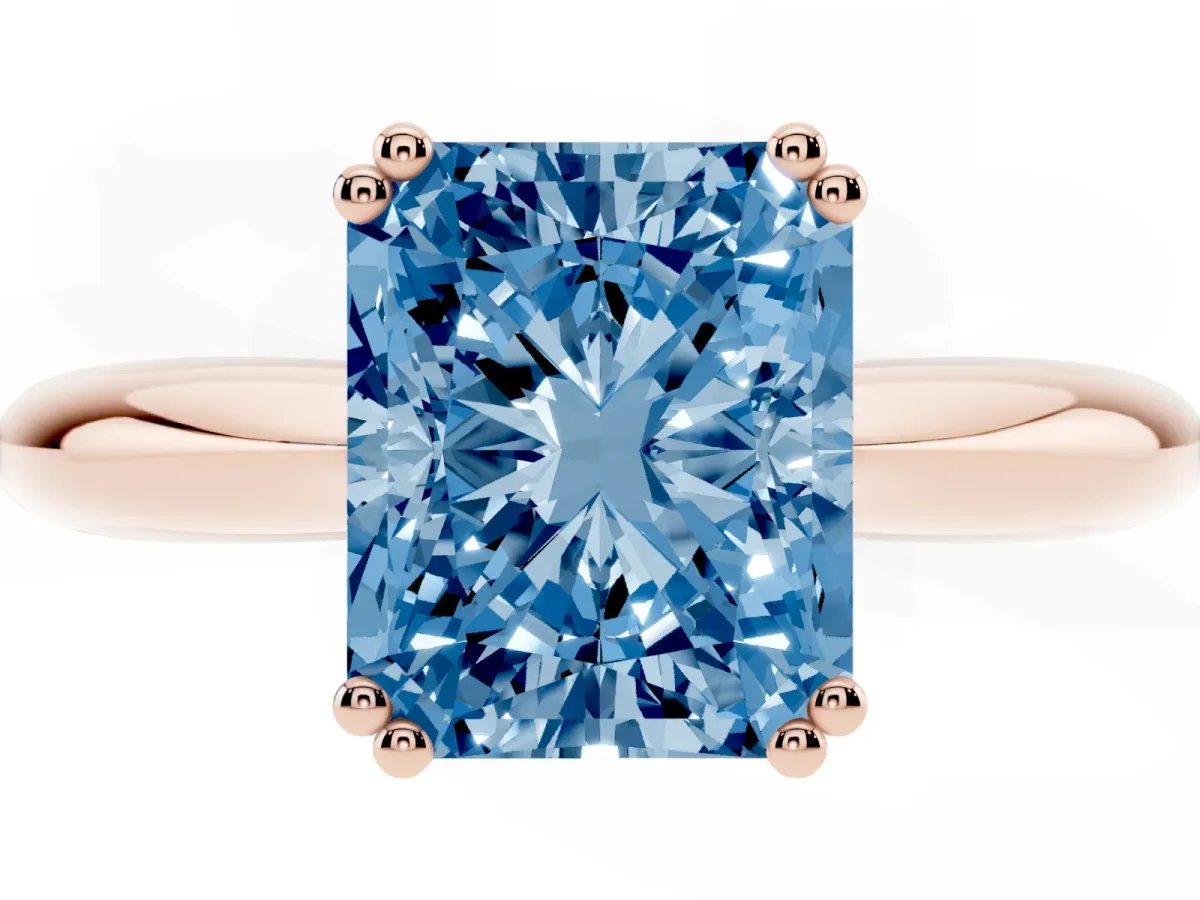 Fancy Blue Radiant Cut Cut Solitaire Engagement Ring with Tapered Band and Four-Prong Setting Rose gold