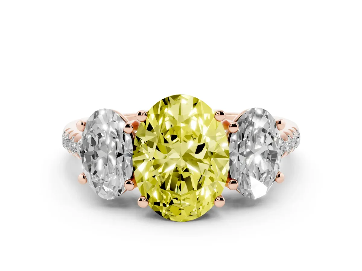 Fancy Yellow Three-Stone Oval Cut Diamond Ring with Round Pavé Band and Prong Setting Rose gold