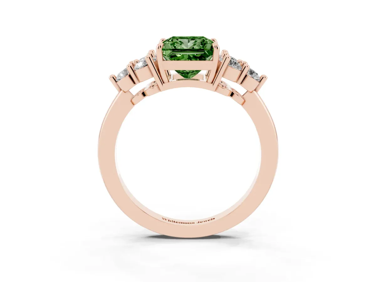 Fancy Green Princess Cut Brilliant Diamond Cluster Accent Solitaire Ring with Prong Setting Rose gold