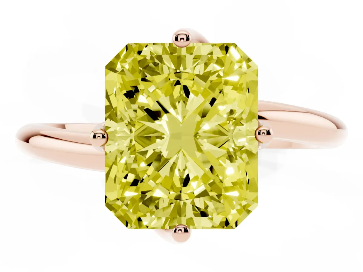 Fancy Yellow Radiant Cut Diamond Solitaire Engagement Ring with Four-Prong Setting and Classic Band Rose gold