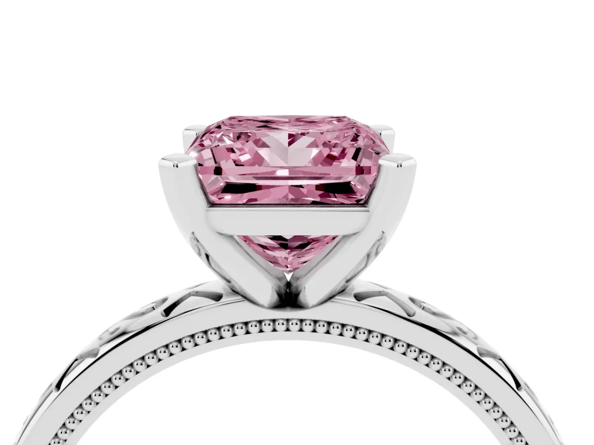 Fancy Pink Princess Cut Solitaire Engagement Ring with Scrollwork Band and Four-Prong Setting Silver