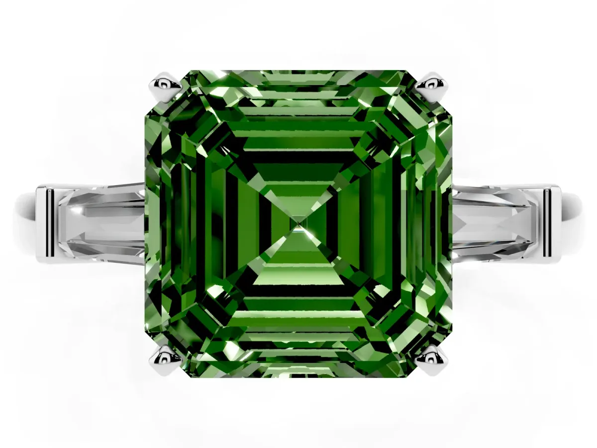 Fancy Green Asscher Cut Cut Diamond Solitaire Ring with Tapered Baguette Accents and Four-Prong Setting Platinum