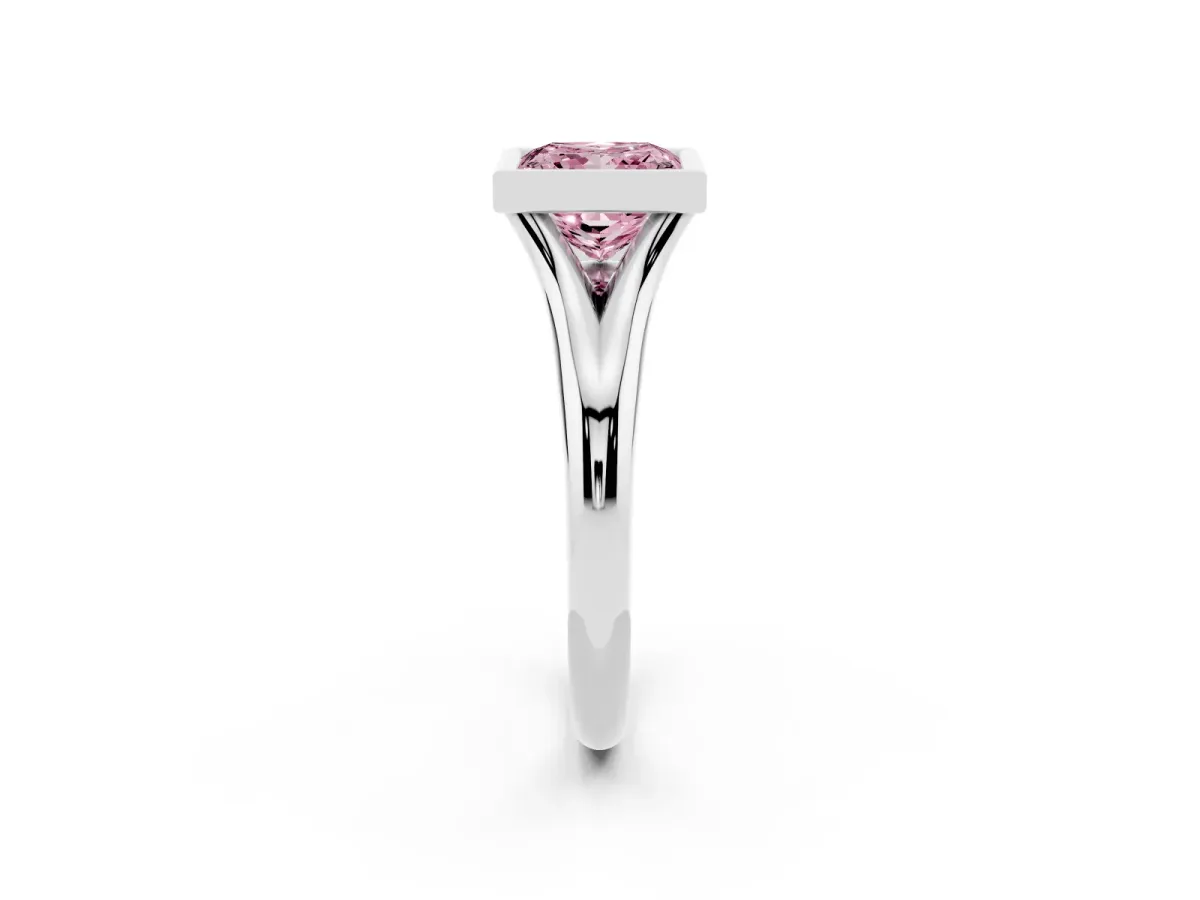 Fancy Pink Bezel Set Princess Cut Solitaire Diamond Ring with Smooth Band Platinum
