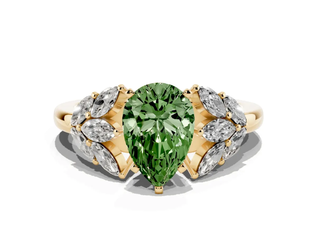 Fancy Green Pear Cut Diamond Cluster Leaf Design Ring with Prong Setting Yellow gold