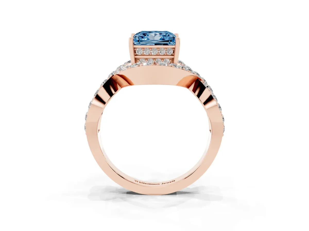 Fancy Blue Princess Cut Solitaire Twist Band Pavé Diamond Engagement Ring Rose gold