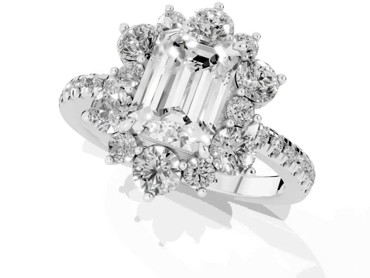Emerald Cut Diamond Floral Halo Ring with Round Pavé Band and Prong Setting White gold