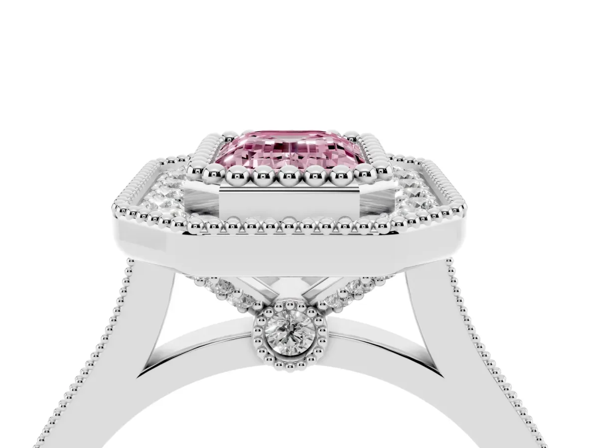 Fancy Pink Emerald Cut Diamond Halo Ring with Milgrain Frame and Pavé Band Silver