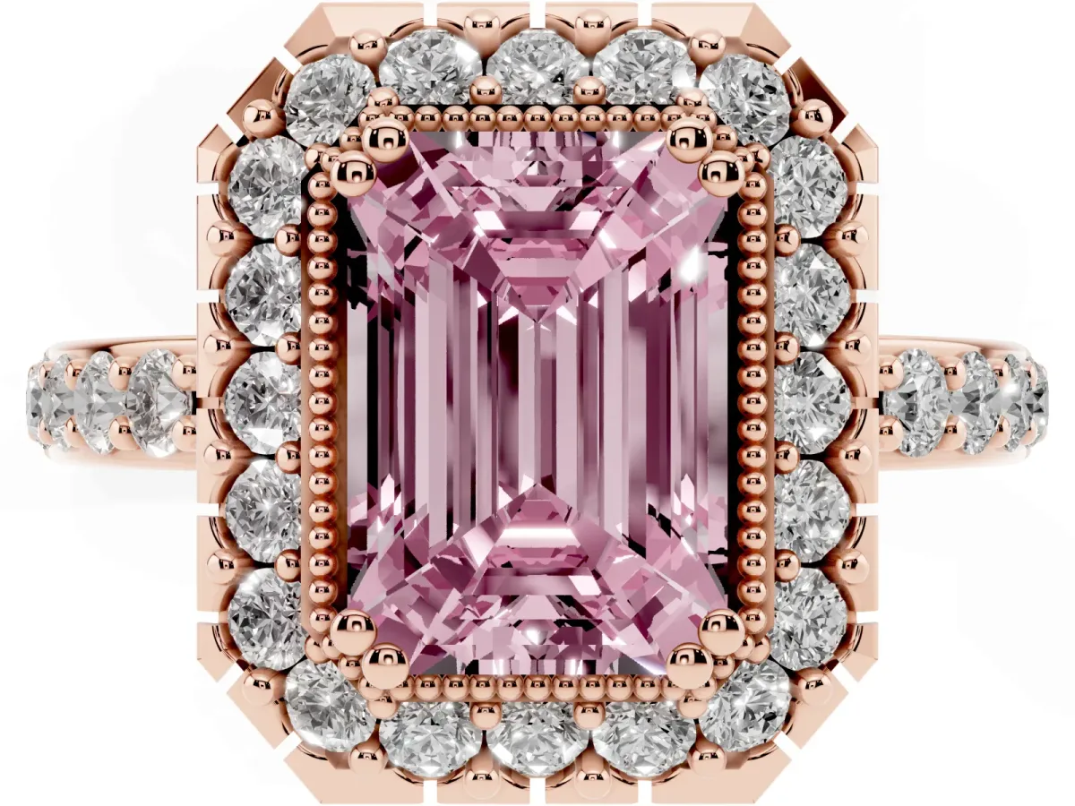 Fancy Pink Emerald Cut Diamond Halo Ring with Pavé Band and Prong Setting Rose gold