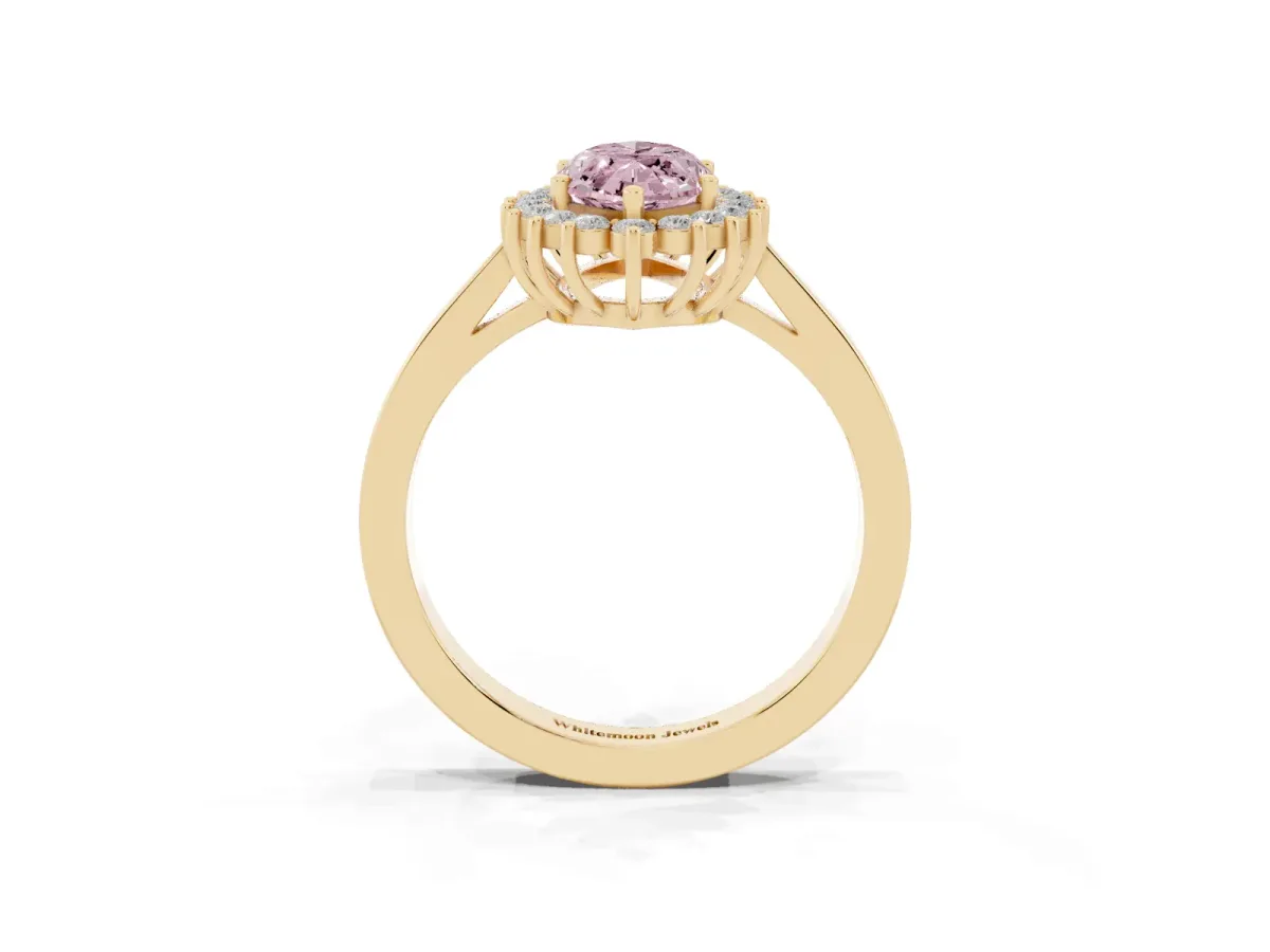 Fancy Pink Marquise Cut Cut Diamond Halo Ring with Round Brilliant Halo and Solitaire Band Yellow gold