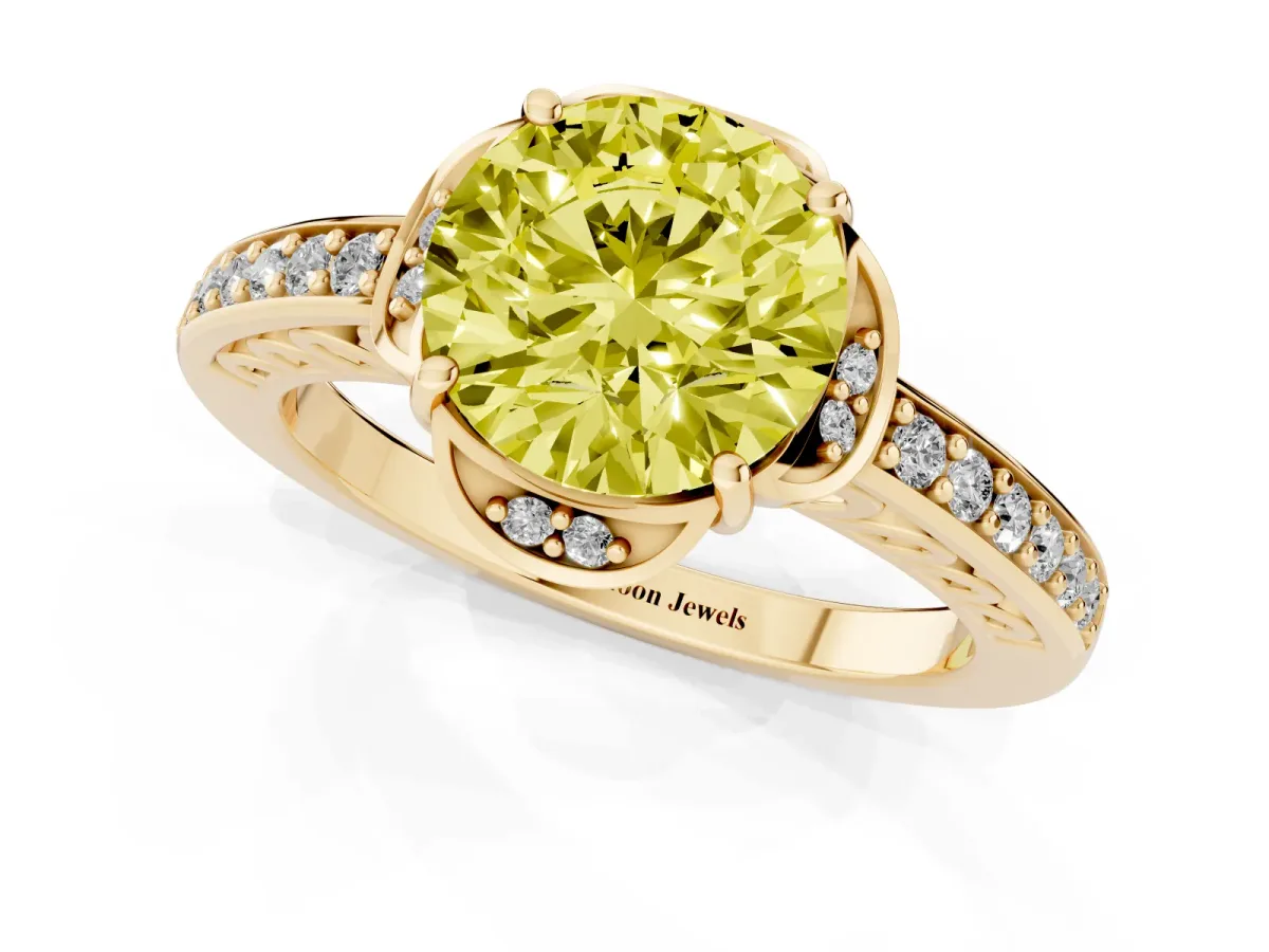 Fancy Yellow Round Cut Cut Halo Diamond Ring with Channel Set Band and Four-Prong Setting Yellow gold
