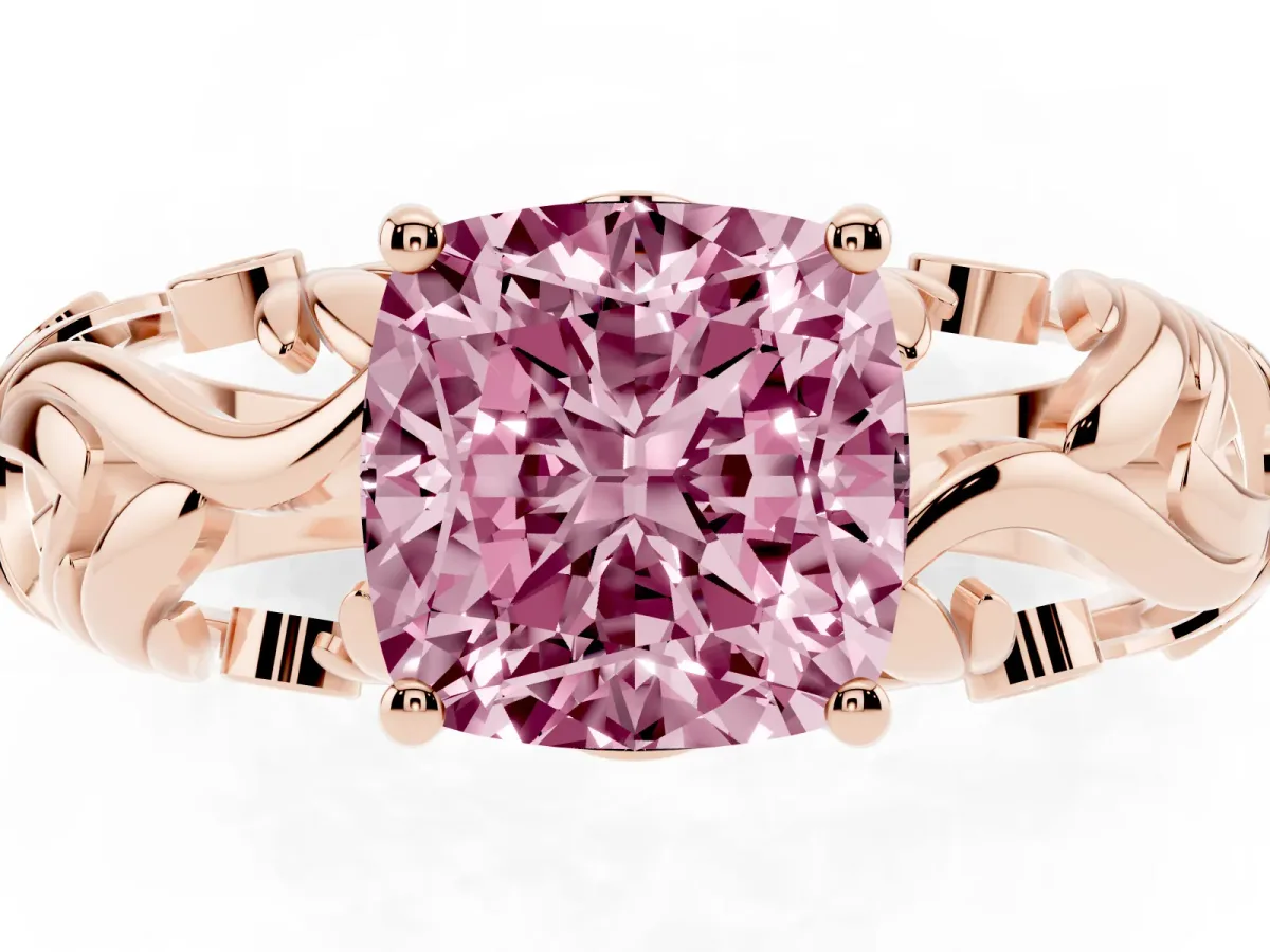 Fancy Pink Cushion Cut Solitaire Diamond Leaf-Inspired Vine Band Ring with Prong Setting Rose gold