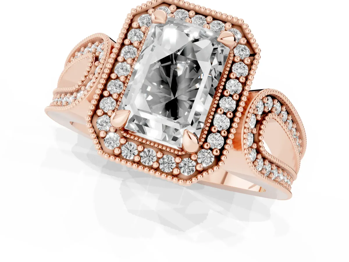 Emerald Cut Halo Split Shank Milgrain Diamond Ring Rose gold