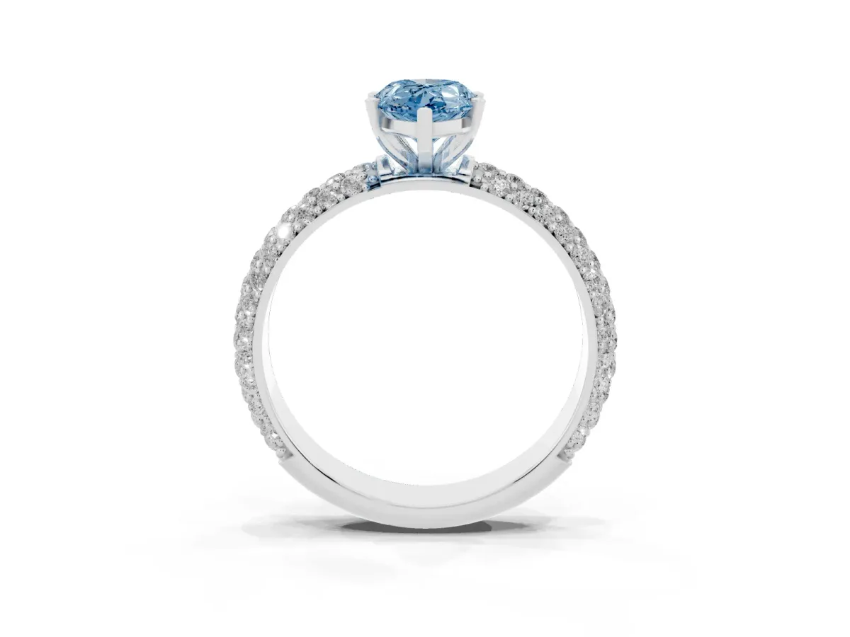 Fancy Blue Pear Cut Diamond Solitaire Ring with Prong Setting and Pavé Band Silver