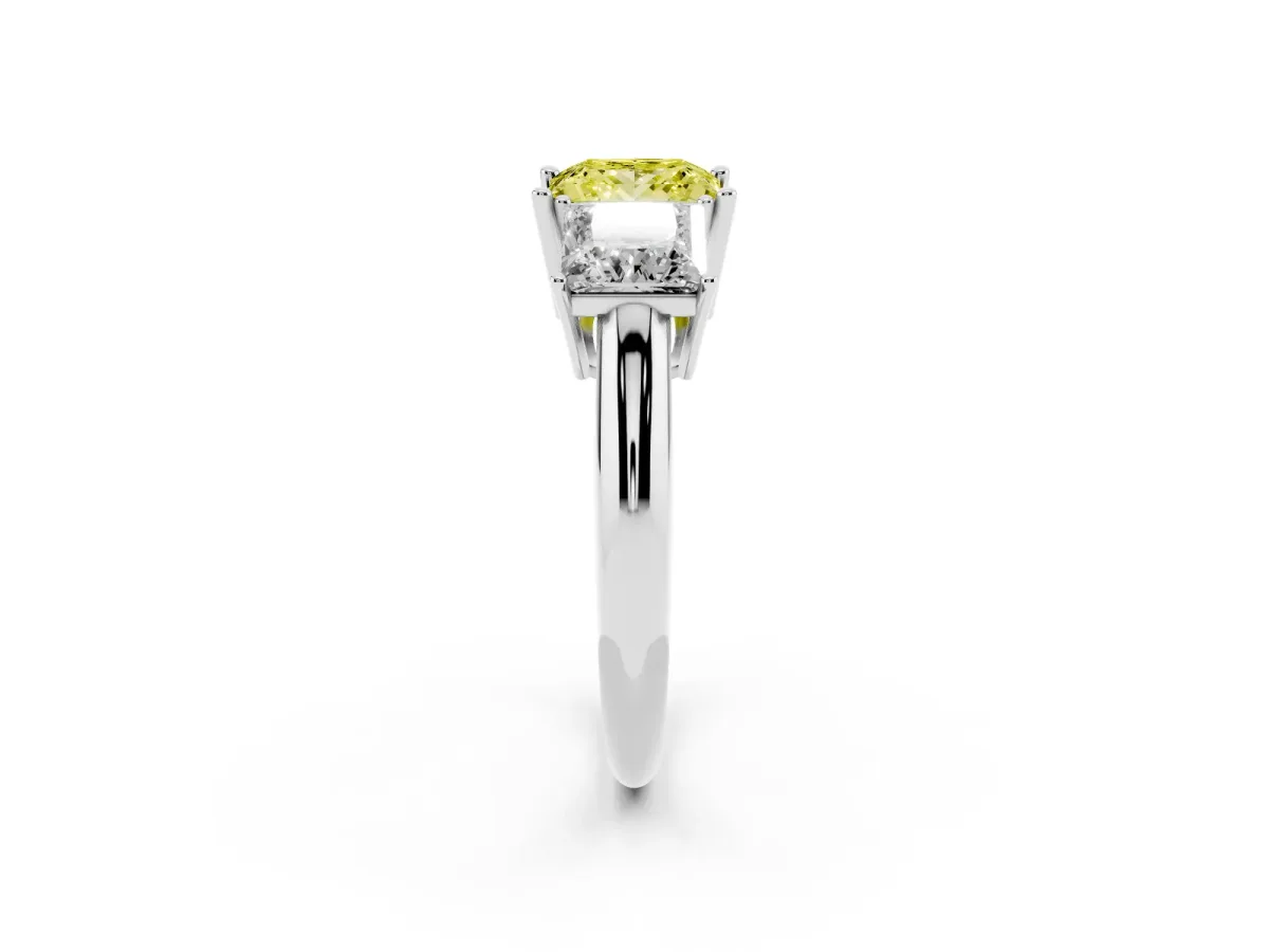 Fancy Yellow Three-Stone Princess Cut Cut Diamond Engagement Ring with Prong Setting on a White Gold Band White gold