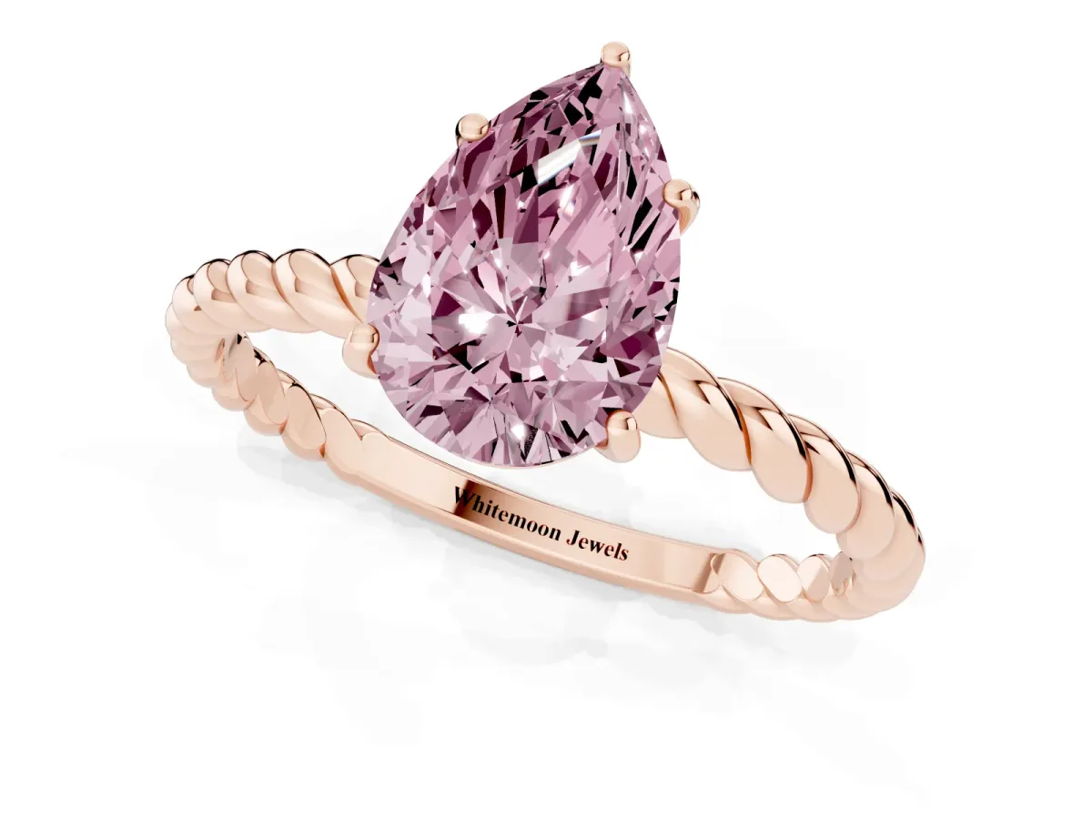Fancy Pink Pear Cut Solitaire Twist Band Ring with Four-Prong Setting Rose gold