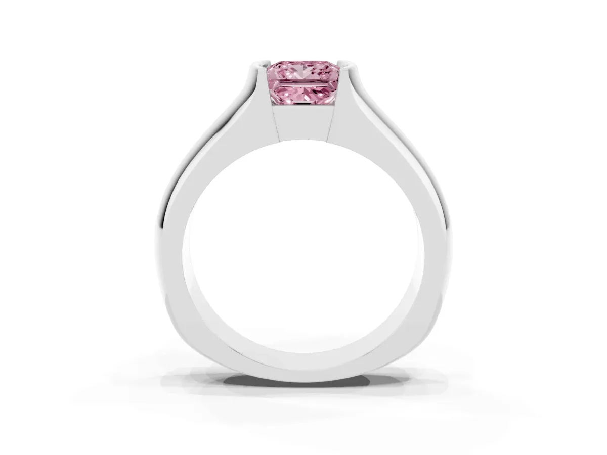 Fancy Pink Princess Cut Solitaire Bezel Set Diamond Ring with Wide Band Silver