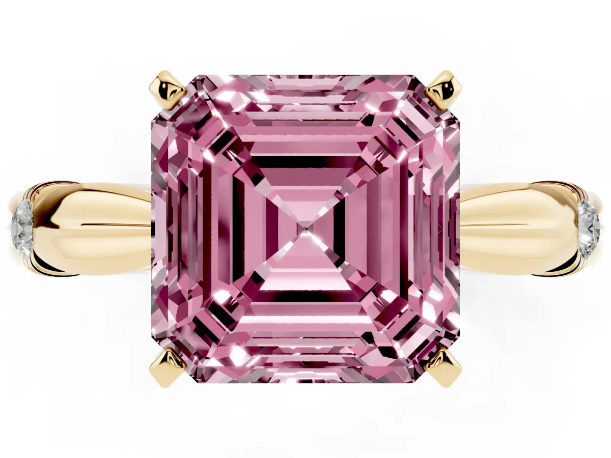Fancy Pink Asscher Cut Solitaire Diamond Twisted Band with Four-Prong Setting Yellow gold