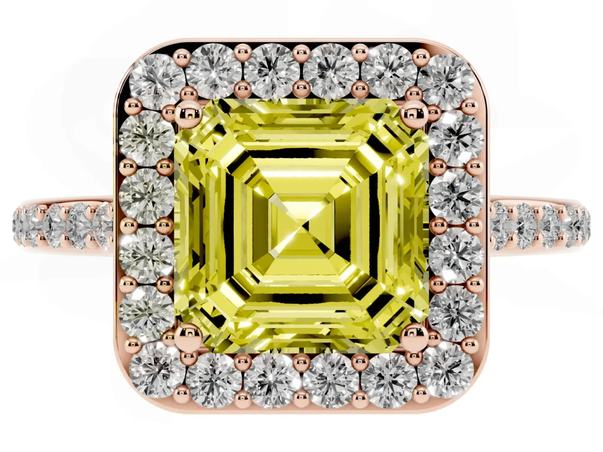 Fancy Yellow Asscher Cut Diamond Halo Engagement Ring with Round Pavé Shoulders and Prong Setting Rose gold