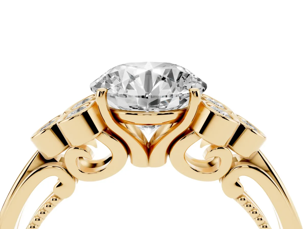 Round Cut Cut Diamond Engagement Ring with Bezel Set Round Side Stones and Prong Setting Yellow gold