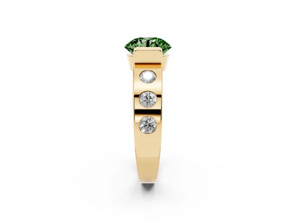 Fancy Green Round Cut Brilliant Channel-Set Diamond Ring with Bezel Prong Setting Yellow gold
